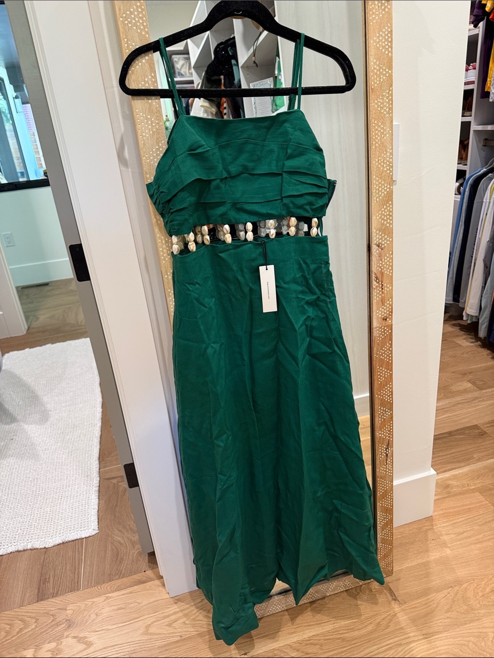 NWT Commense Green Beaded Cutout Linen-Blend Maxi Dress Size S